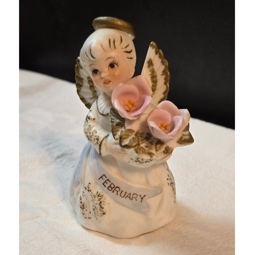 Vintage February Birthday Angel Figurine White Pink Gold KW 3332 Good Condition